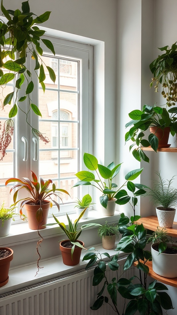 A cozy window nook filled with various indoor plants in pots, showcasing a refreshing spring vibe.