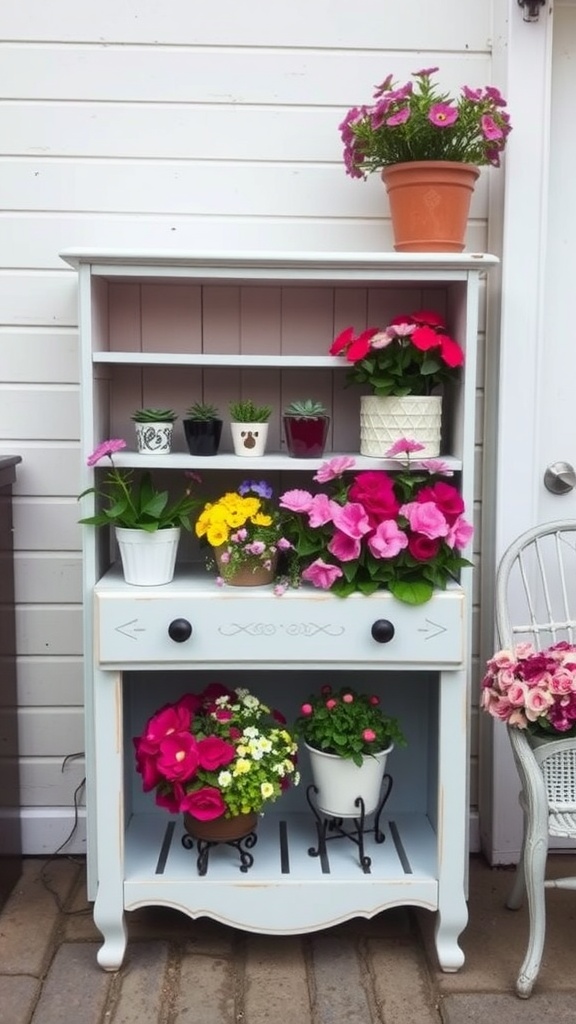 A vintage-style shelf repurposed as a planter, filled with colorful flowers and plants.