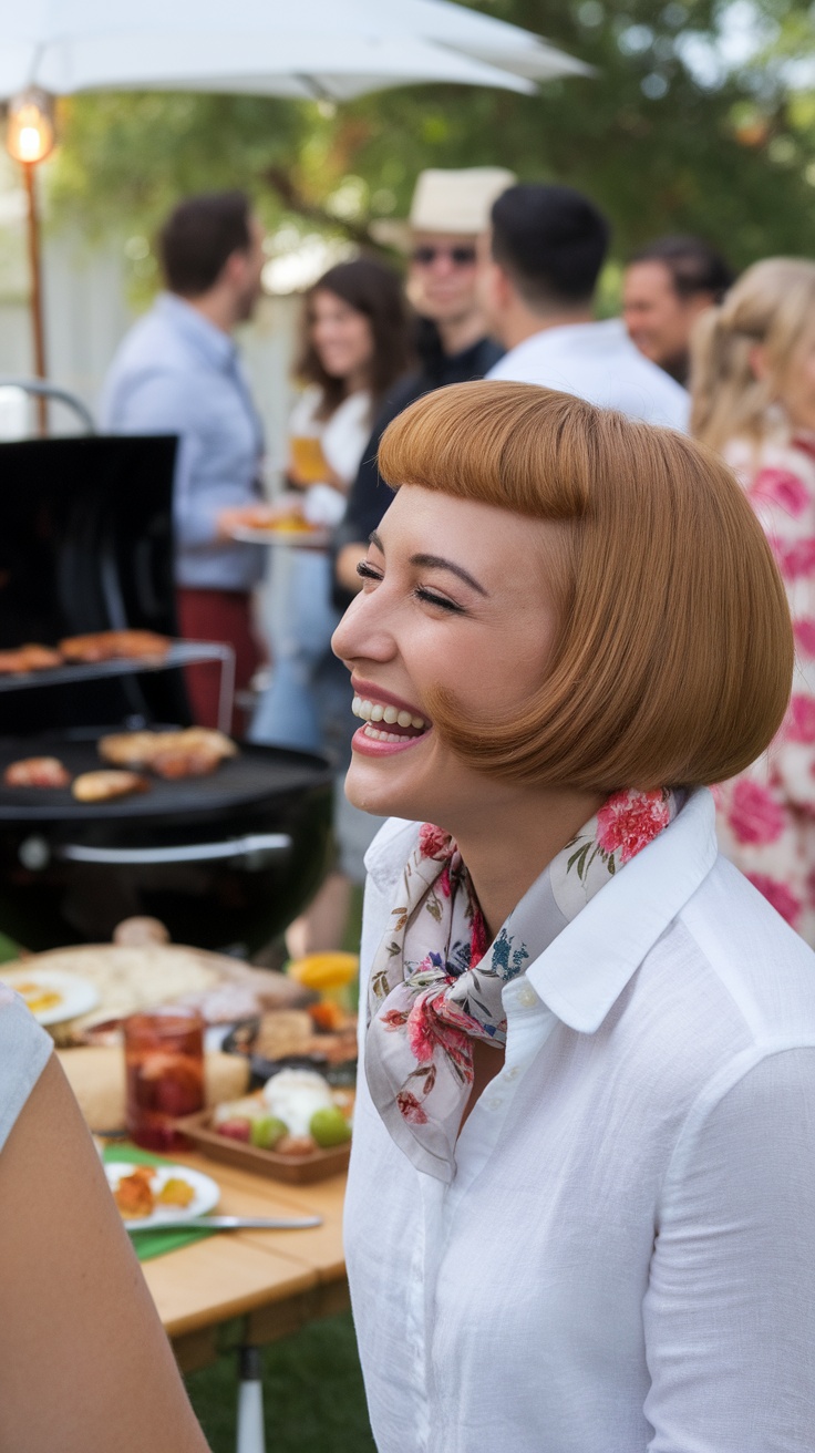 A woman with a retro flip haircut laughing at a summer gathering.