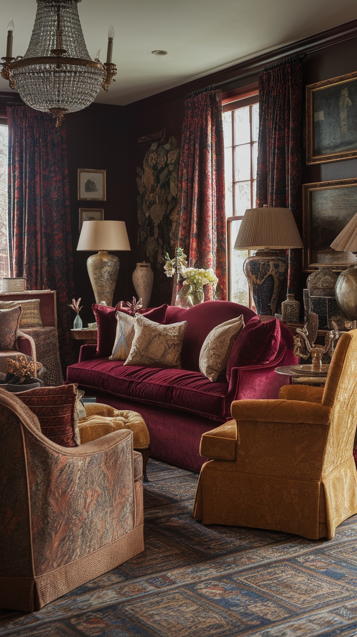 A modern Victorian living room featuring a velvet sofa, patterned cushions, and elegant curtains.