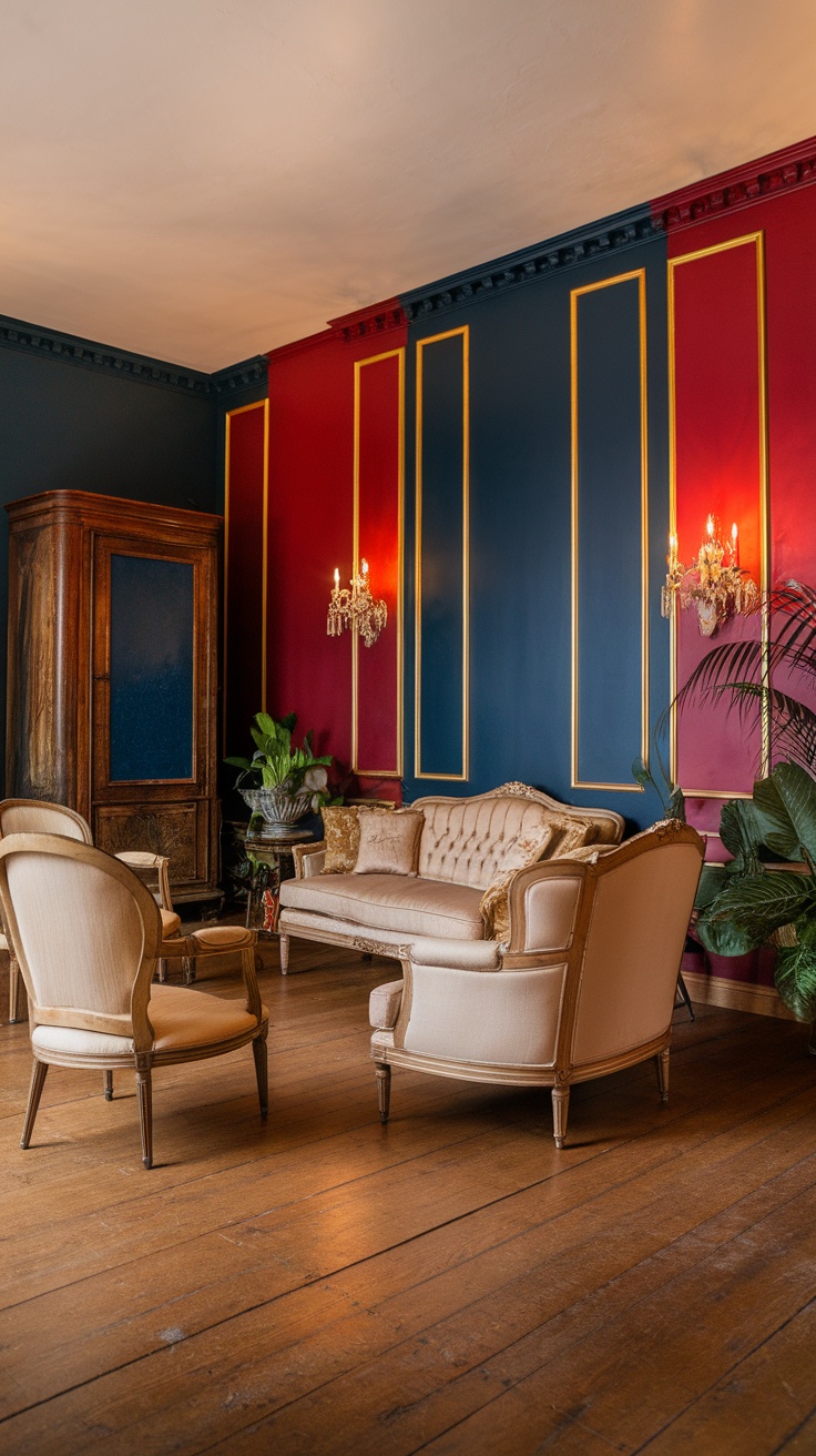 A modern Victorian living room featuring richly colored accent walls in navy and burgundy, with gold trim and elegant furnishings.