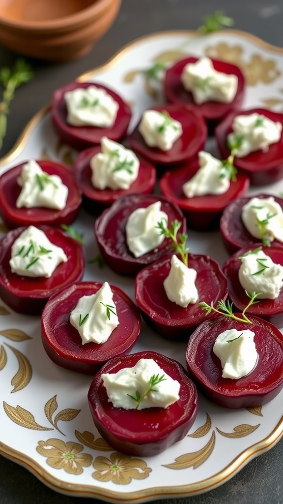 Delicious roasted beet and goat cheese bites arranged on a decorative plate.