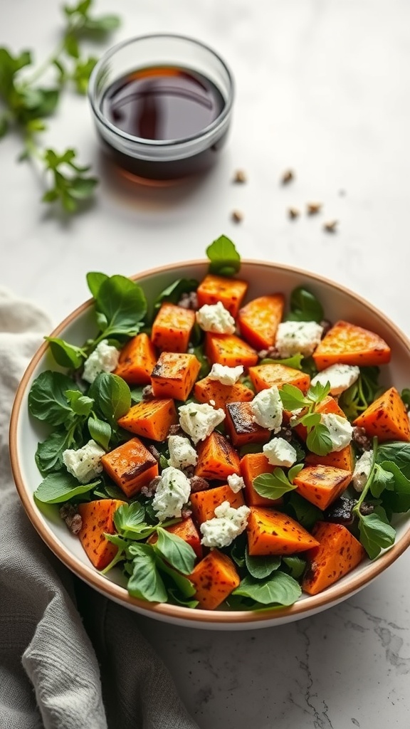 A vibrant roasted sweet potato and feta salad with greens and nuts.