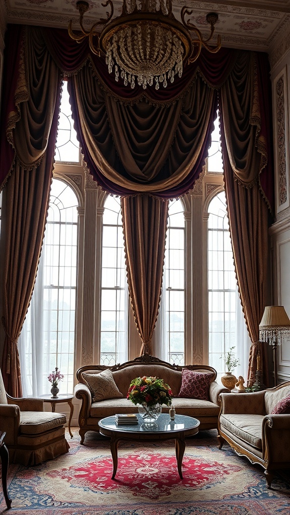 A luxurious Rococo-style living room featuring elegant curtains, a chandelier, and ornate furniture.