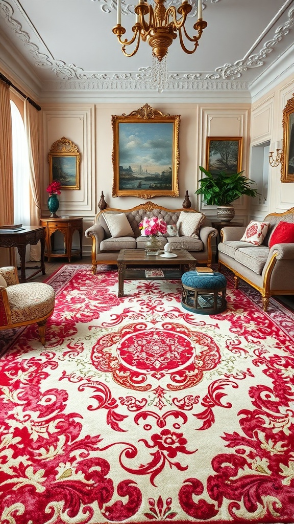 A beautifully decorated rococo living room featuring an ornate red and cream rug with intricate patterns.