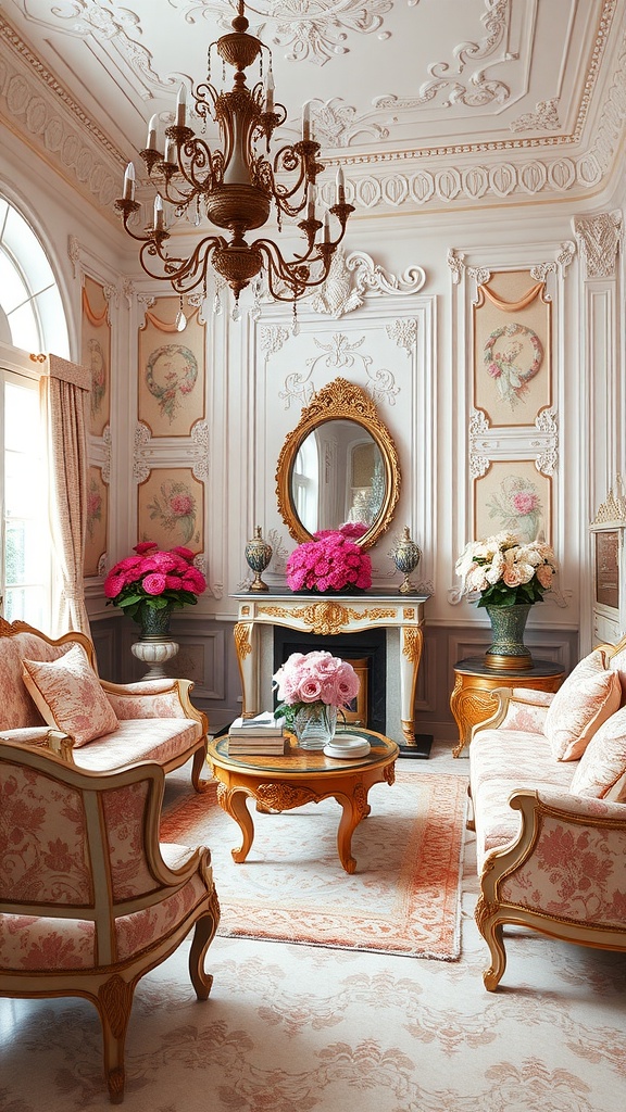 A luxurious Rococo living room with ornate furniture, floral arrangements, and a decorative chandelier.