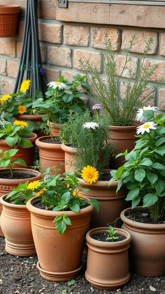 A collection of rustic clay pots with colorful flowers and herbs arranged against a stone wall.