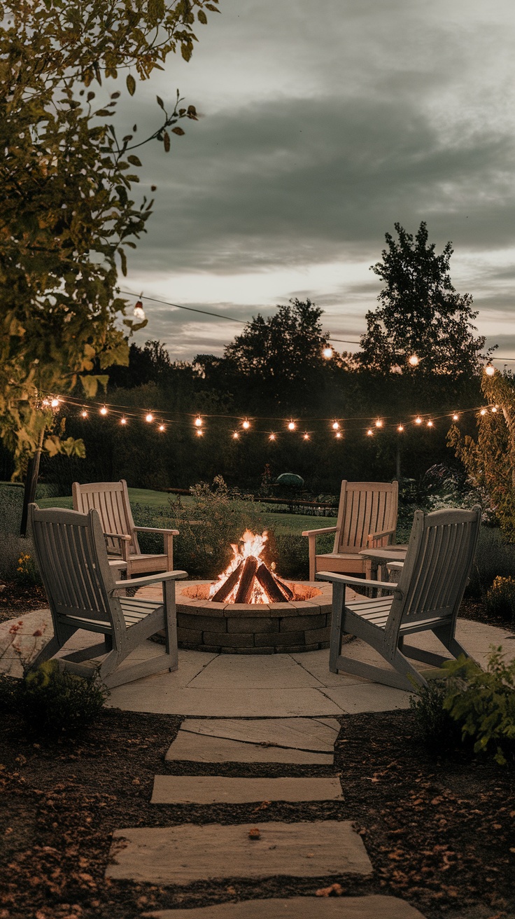 A cozy rustic outdoor fire pit surrounded by wooden chairs, with hanging lights in a garden setting.