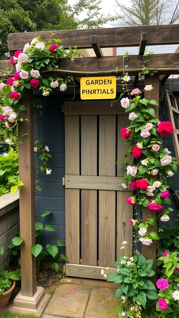 A rustic wooden trellis adorned with colorful flowers and a garden sign.