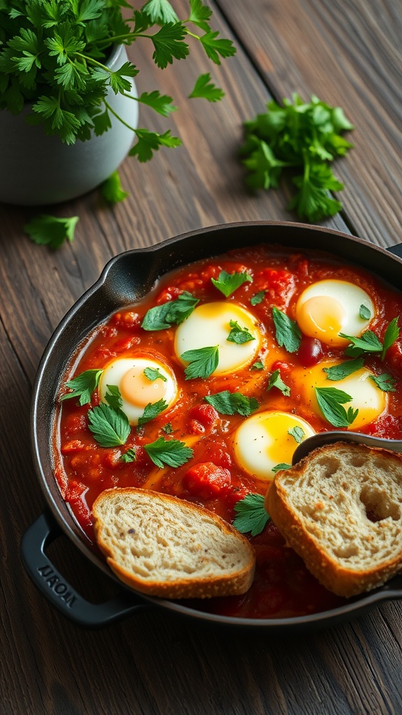 A skillet of shakshuka with poached eggs and fresh herbs, served with bread.