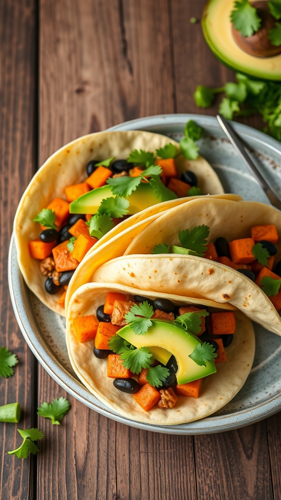 Savory sweet potato and black bean tacos garnished with avocado and cilantro