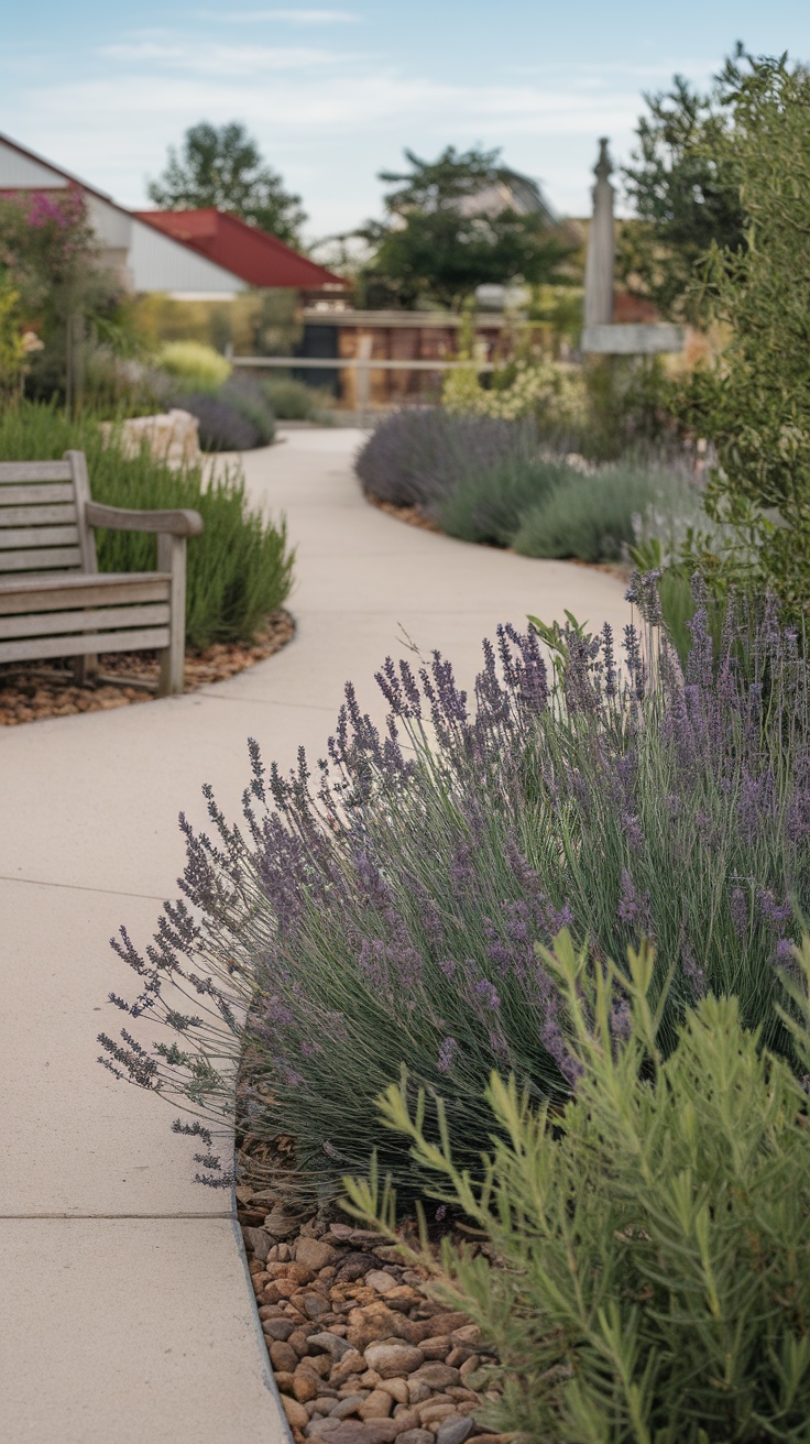 A pathway lined with lavender plants and a wooden bench in a garden.