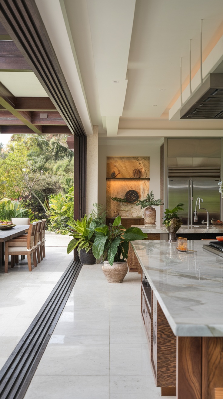 A luxurious kitchen with an open layout, featuring a marble countertop, wooden cabinetry, and a seamless transition to an outdoor dining area surrounded by lush greenery.