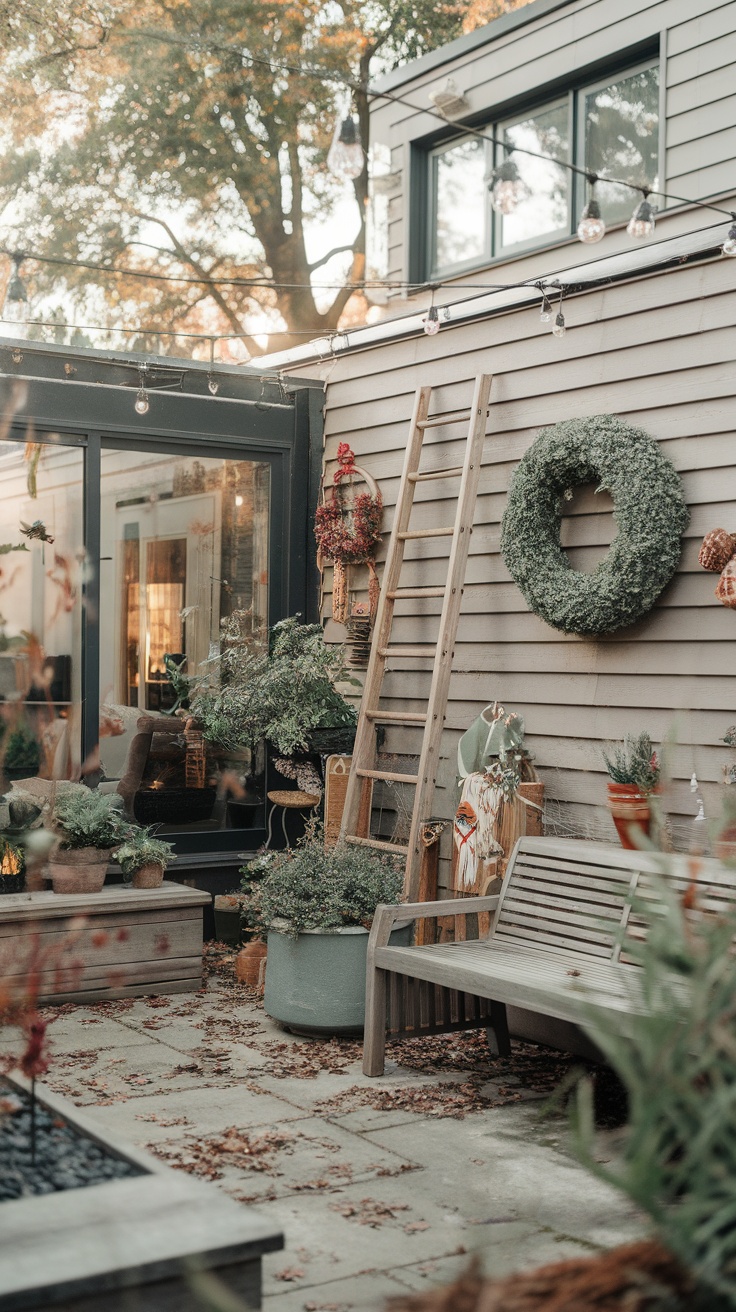 A cozy backyard patio with seasonal decor elements like a wreath, plants, and fairy lights.