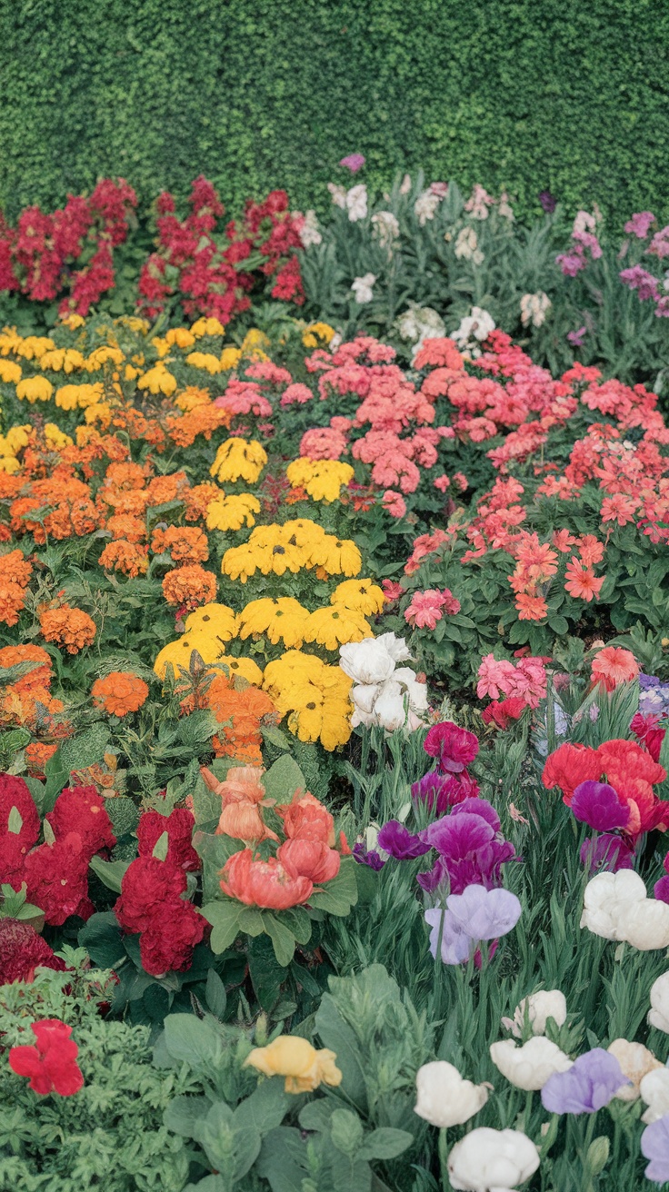 A vibrant display of colorful flowers in a garden setting.