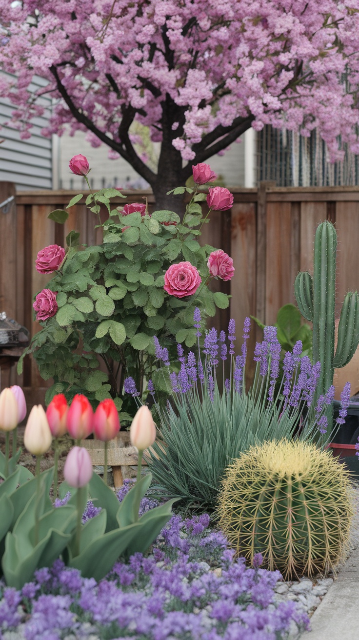 A beautiful backyard with roses, lavender, tulips, and cacti near a patio.