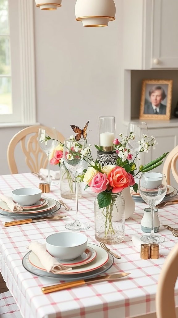 A beautifully arranged spring table setting with a checkered tablecloth, floral centerpiece, and elegant tableware.