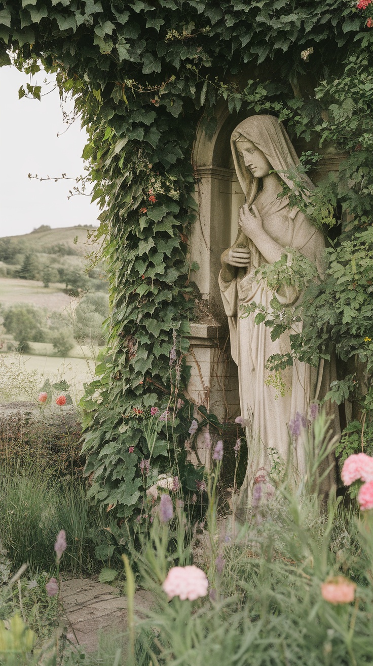 A serene garden entrance featuring a statue surrounded by lush greenery and flowers.