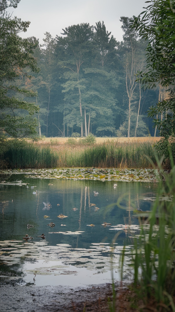 A serene pond surrounded by lush greenery and wildlife