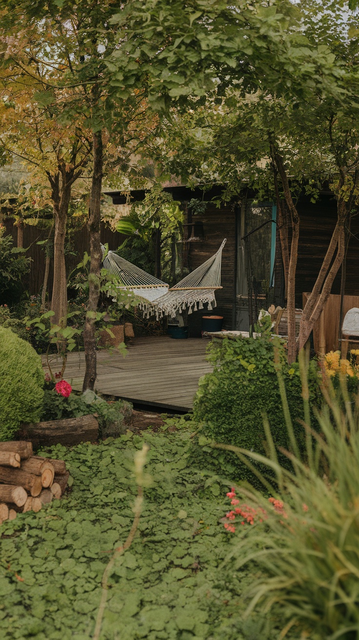 A cozy hammock surrounded by greenery in a serene garden setting.