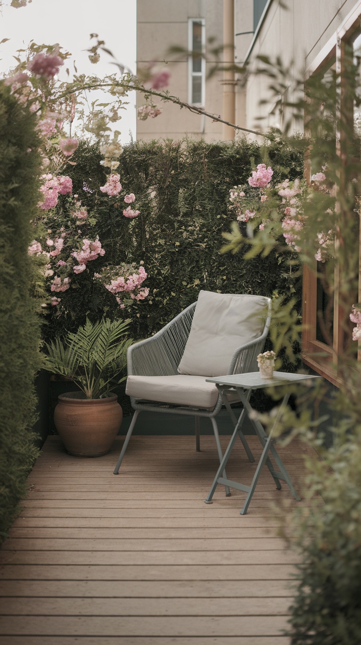 A cozy garden nook with a chair and small table surrounded by flowers and greenery.