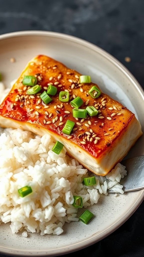 Plate of sesame soy cod with rice and green onions