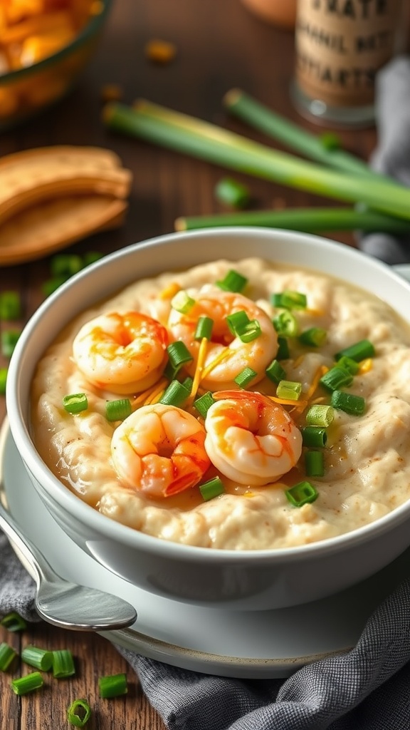 A delicious bowl of shrimp and grits topped with cheddar and green onions.