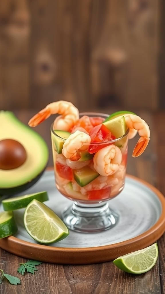 A refreshing shrimp ceviche with avocado, featuring bright ingredients like tomatoes and lime.