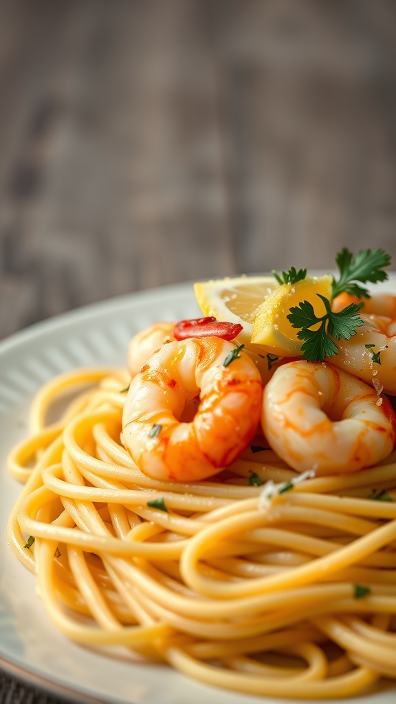 Shrimp scampi over linguine with lemon and herbs