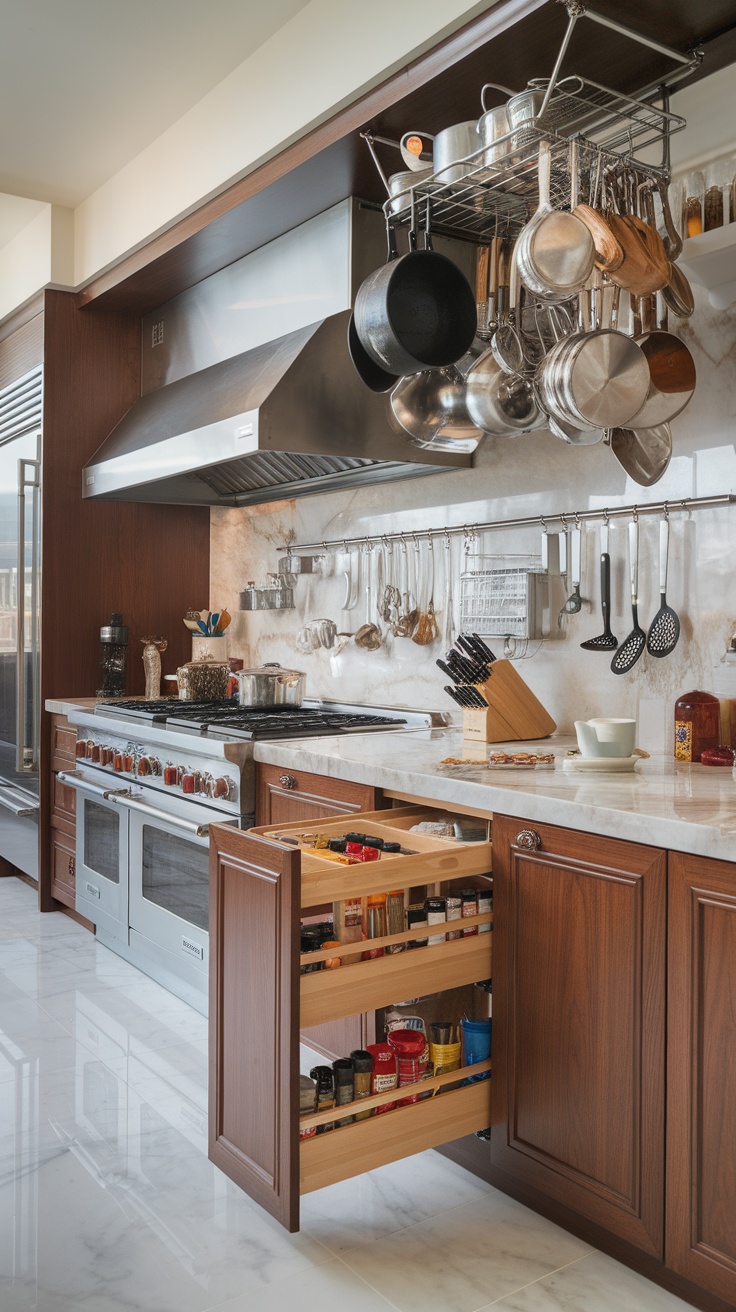 A luxury kitchen showcasing smart storage solutions with wooden cabinets, spice drawers, and hanging pots.