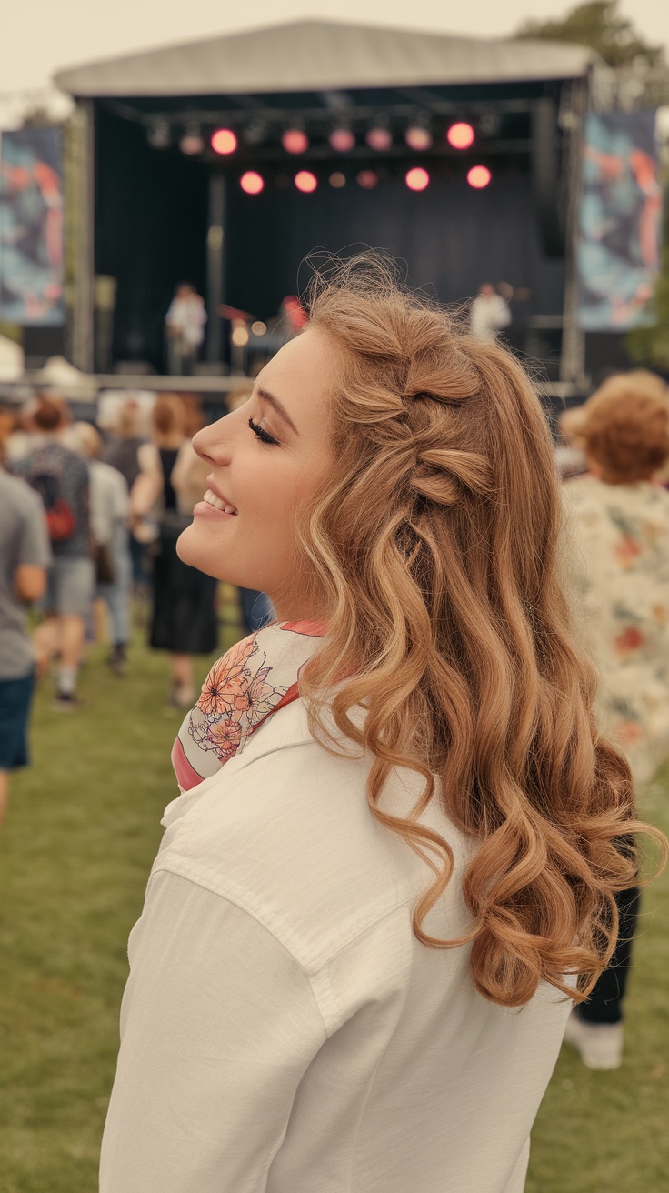 Woman with soft curls and a deep side part enjoying a summer event.