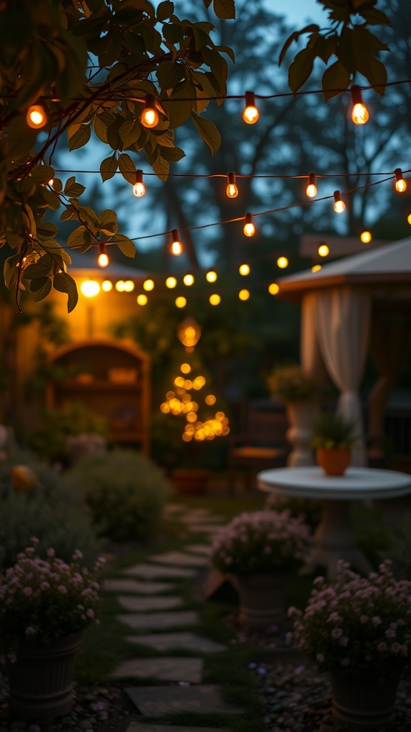 A cozy garden scene with string lights illuminating a pathway and flower pots.