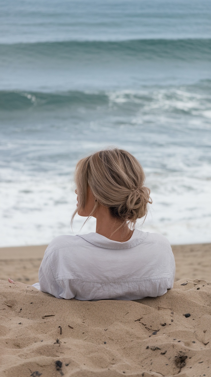 A woman with softly layered hair styled in a casual bun, sitting on the beach.