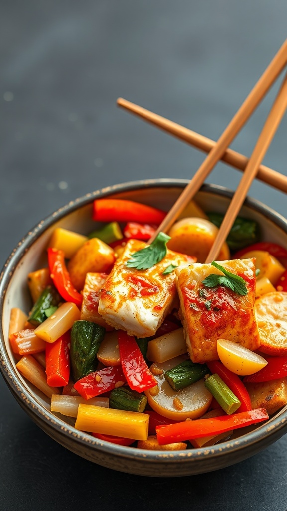 A bowl of spicy cod stir-fry with colorful vegetables and chopsticks.