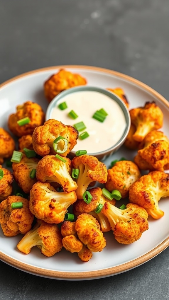 A plate of spicy roasted cauliflower bites served with dipping sauce and garnished with green onions.