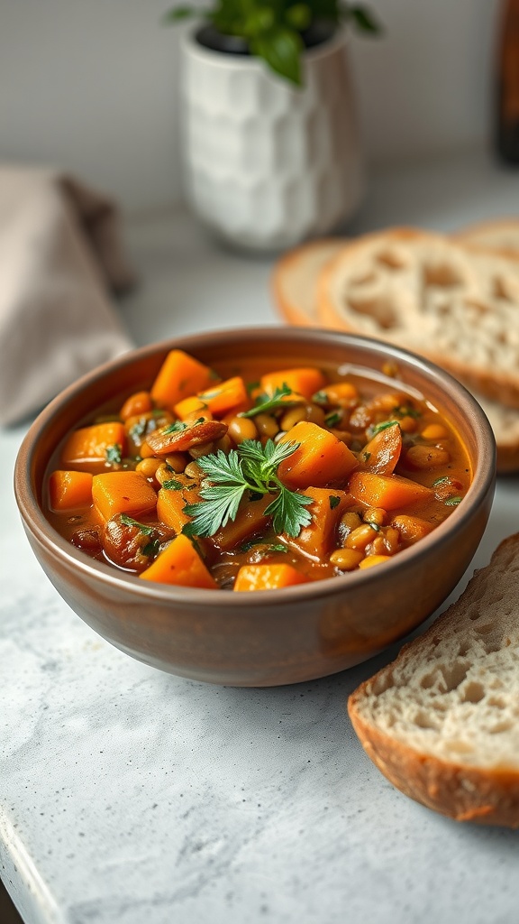 A bowl of spicy sweet potato and lentil stew, garnished with fresh herbs.