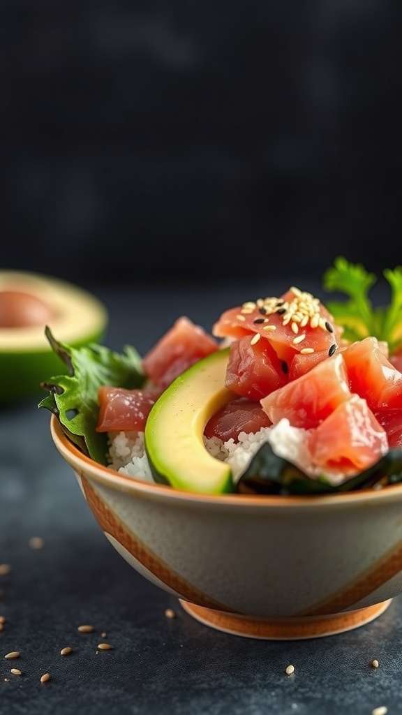 A delicious Spicy Tuna Poke Bowl with fresh ingredients like tuna, avocado, and rice