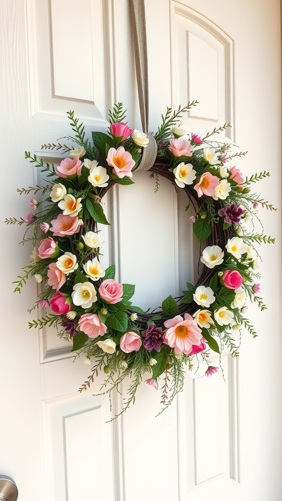 A colorful spring wreath decorated with flowers hanging on a door.