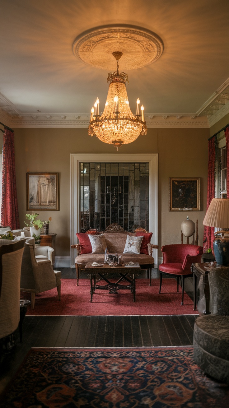 A modern Victorian living room featuring a stunning chandelier and elegant furniture.