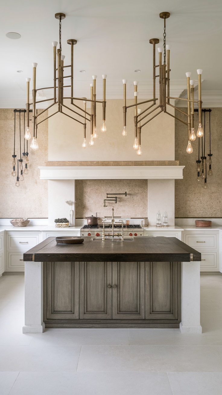 A luxurious kitchen featuring statement lighting fixtures above the island, with modern industrial design elements.