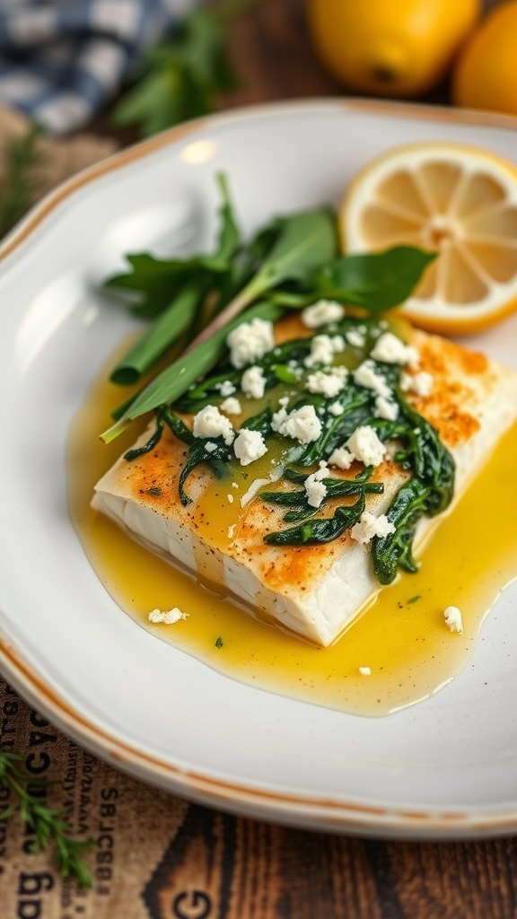 A plate of stuffed cod with spinach and feta, garnished with lemon and fresh herbs.