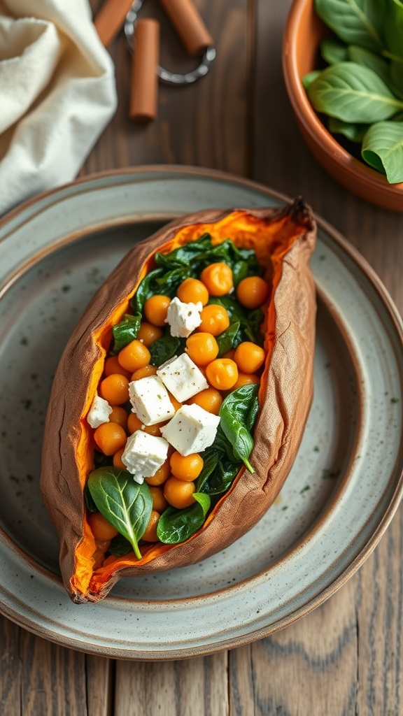 Stuffed sweet potatoes filled with chickpeas and spinach on a plate