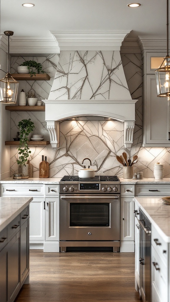 A luxurious kitchen featuring a stylish tiled backsplash with warm tones and subtle lighting.