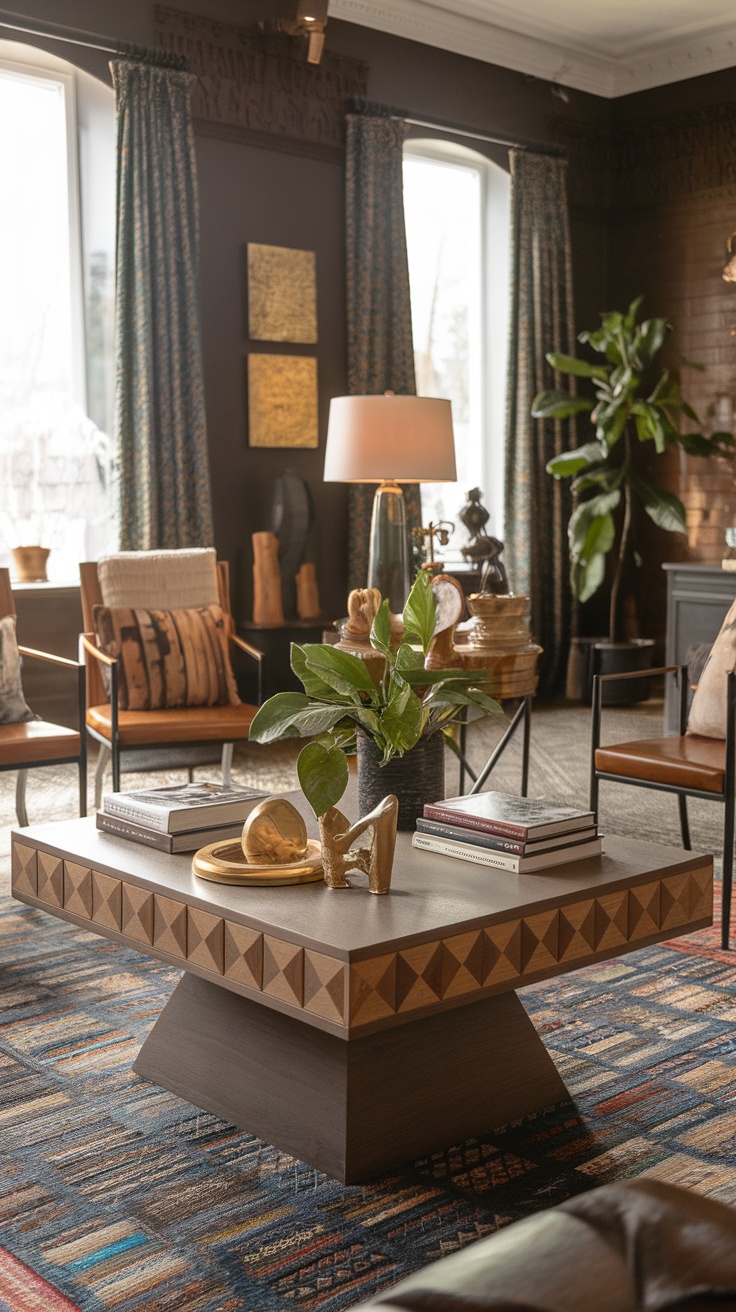 A modern Victorian living room featuring a stylish coffee table with geometric design, books, and decor items.