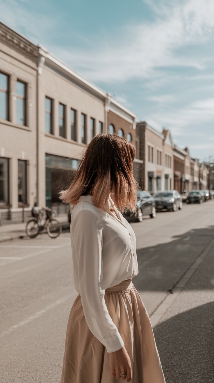 A woman with medium length hair, featuring sunkissed ends and natural texture, standing on a city street.