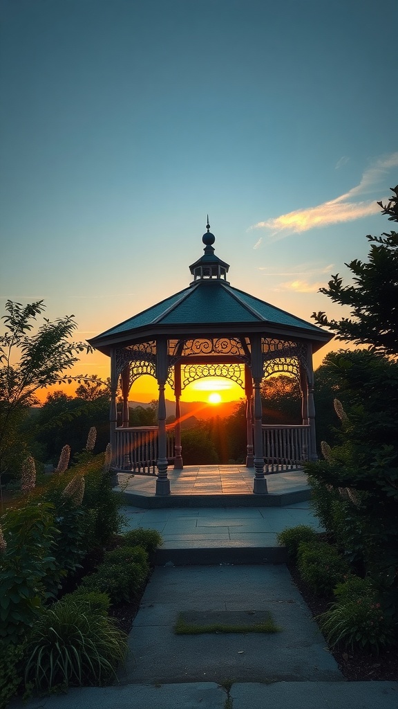 A cozy vintage gazebo at sunset, surrounded by greenery.
