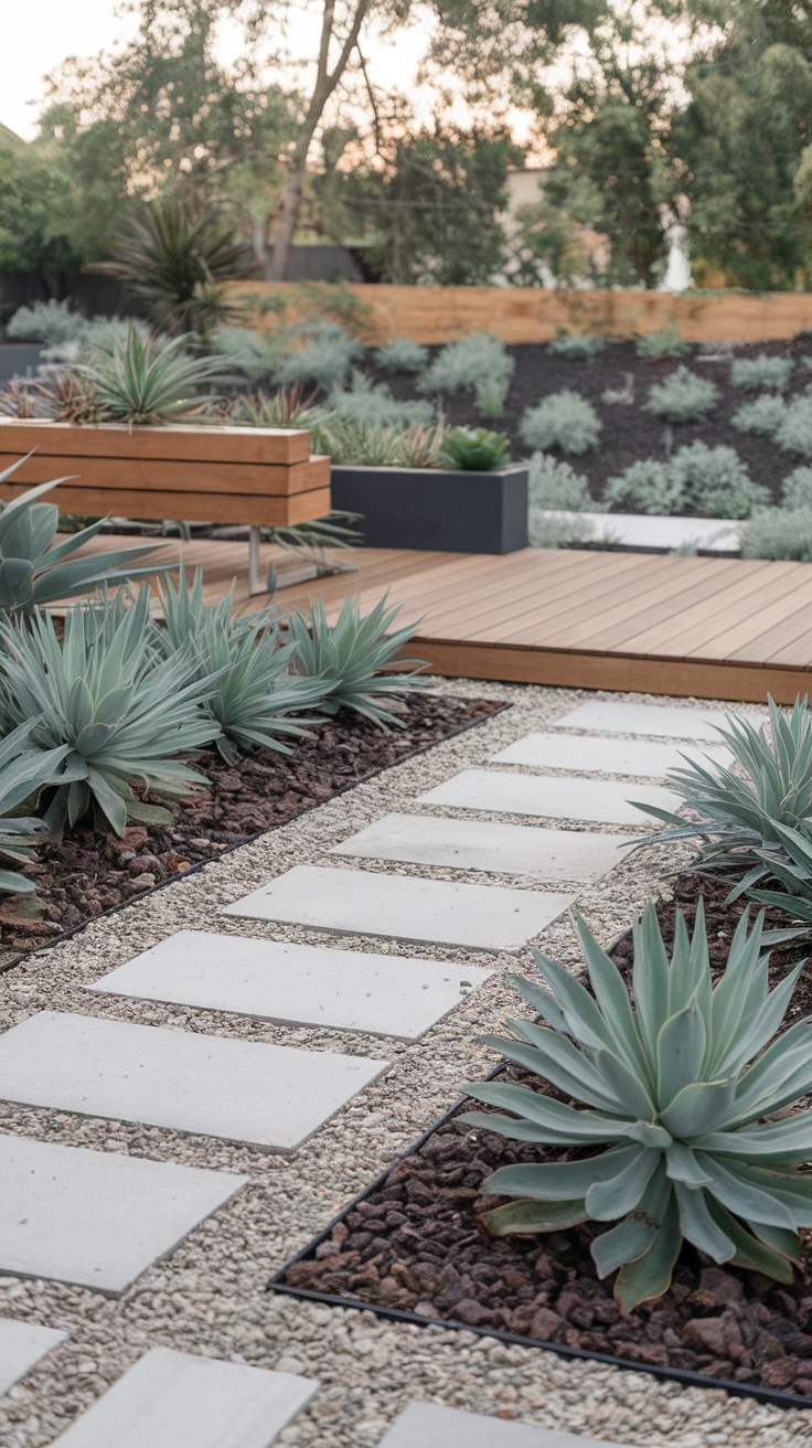 Modern backyard with sustainable plants and a wooden patio.