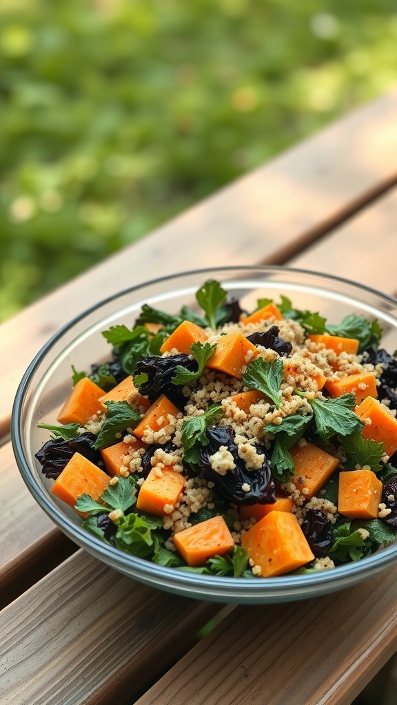 A vibrant bowl of Sweet Potato and Kale Quinoa Salad with colorful ingredients.