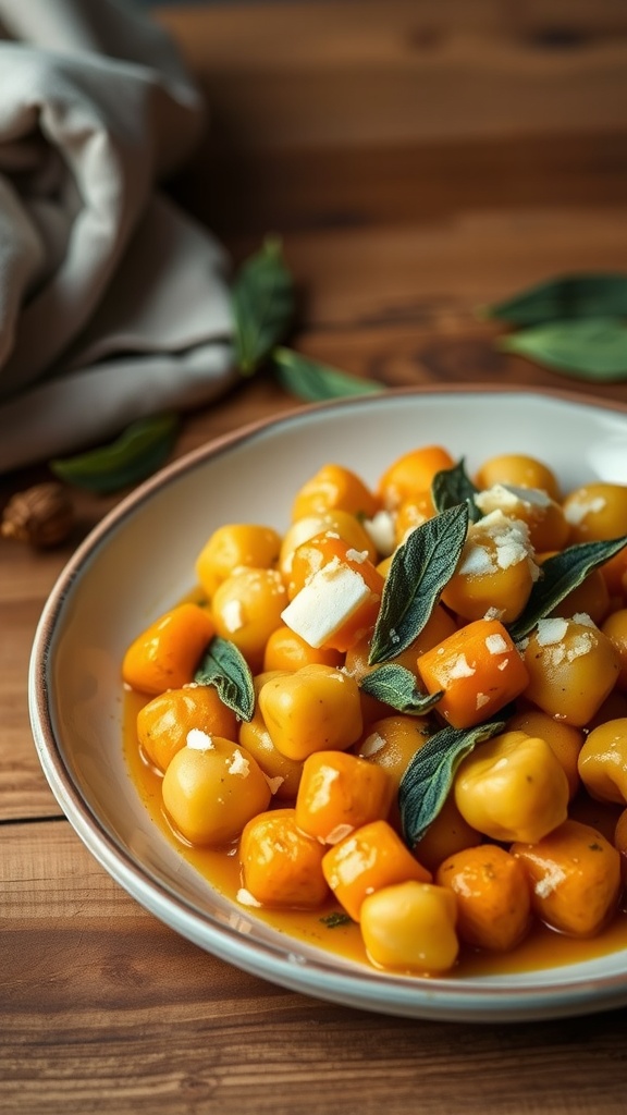 A plate of sweet potato gnocchi with sage brown butter sauce.