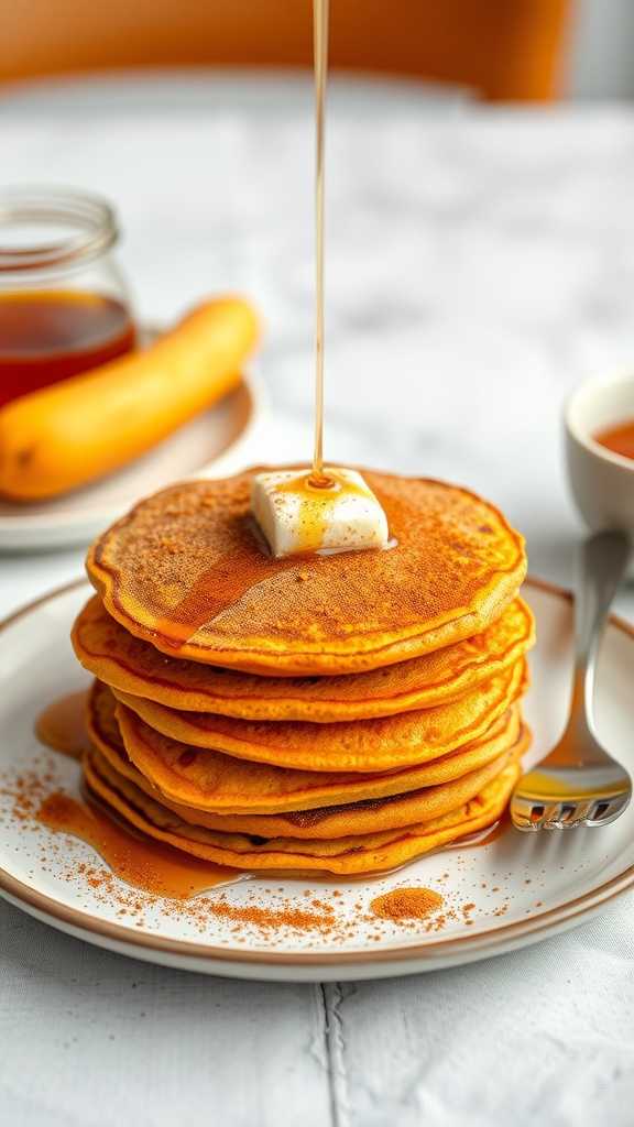 Stack of sweet potato pancakes with syrup and a pat of butter on top